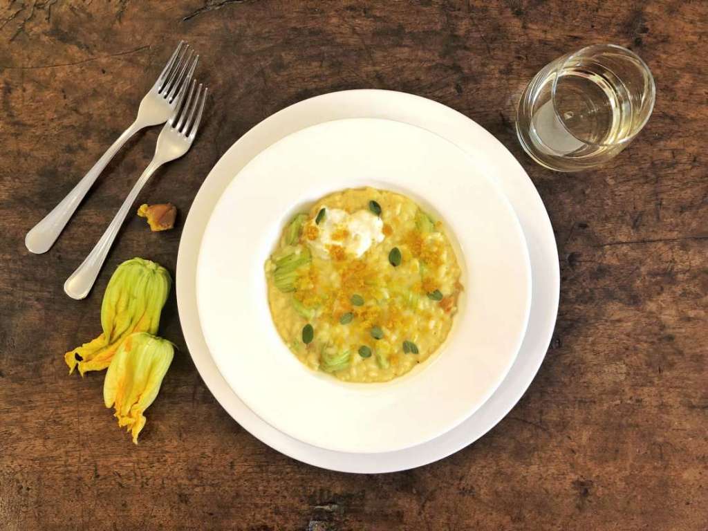 risotto bottarga fiori di zucca e burrata