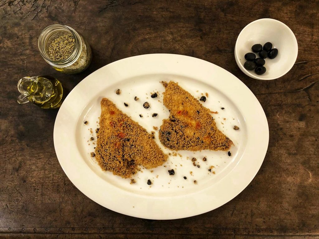 pagello in crosta di pane e olive